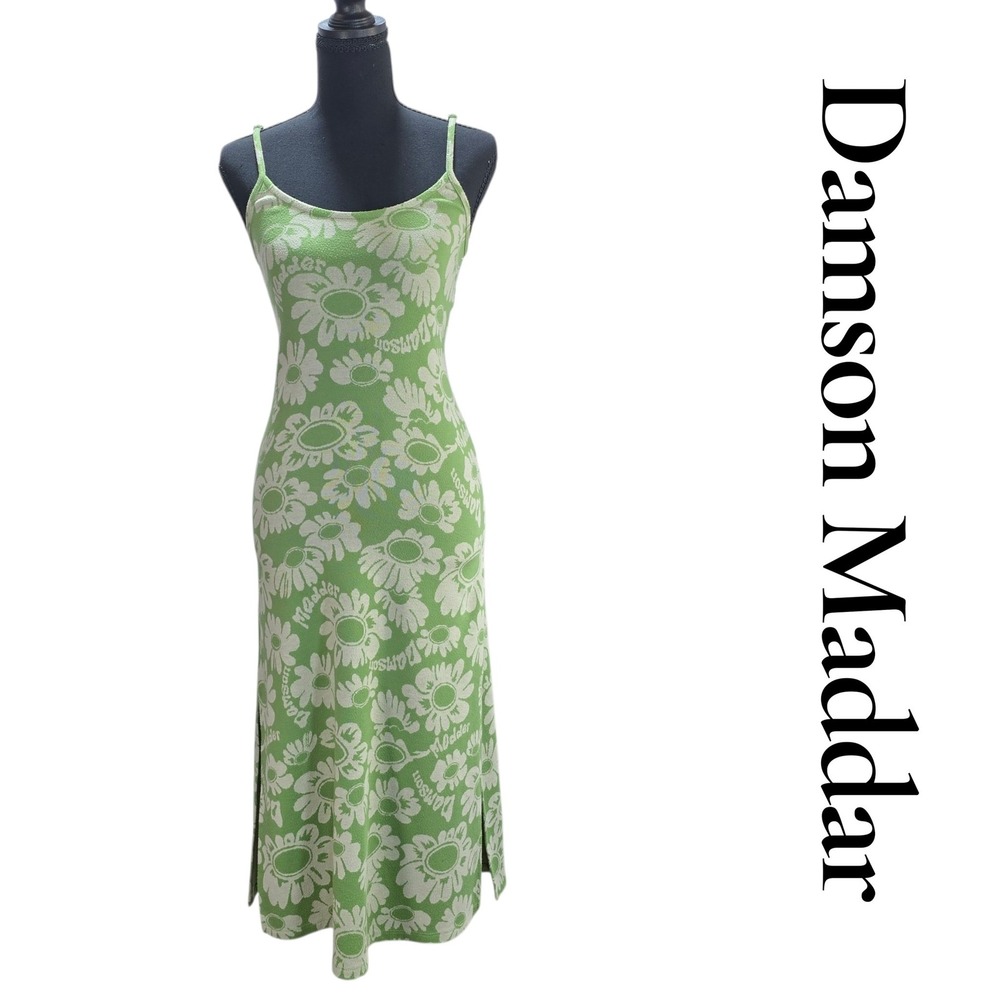 Damson Madder Midi Dress Women 10 Green Floral Knit Open Back Crossover Cami 90s